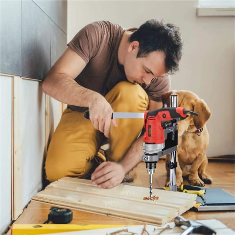 Portable Floor Drill Press Stand With Aluminum Alloy Frame And Large Anti-Shake Base For Hand Tools Repair in a workshop setting.