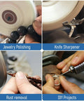 Compact Digital Jewelry Polisher And Bench Buffer With Solid Cast Iron Base For Home Shops and Dental Kits showing jewelry polishing and knife sharpening tasks.