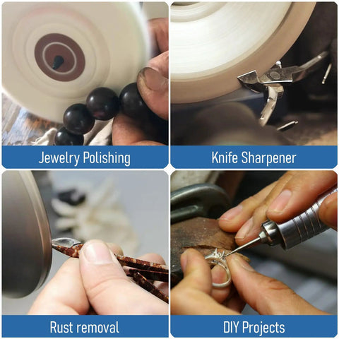 Compact Digital Jewelry Polisher And Bench Buffer With Solid Cast Iron Base For Home Shops and Dental Kits showing jewelry polishing and knife sharpening tasks.