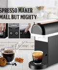 All In One Office Coffee Maker With Permanent Filter And Capsule Compatibility Semi Automatic Espresso Pump Machine For Fresh Brewed Coffee At Home Or In The Office Easy To Clean No Paper Filters Needed, showing side view on countertop with cup of espresso coffee.