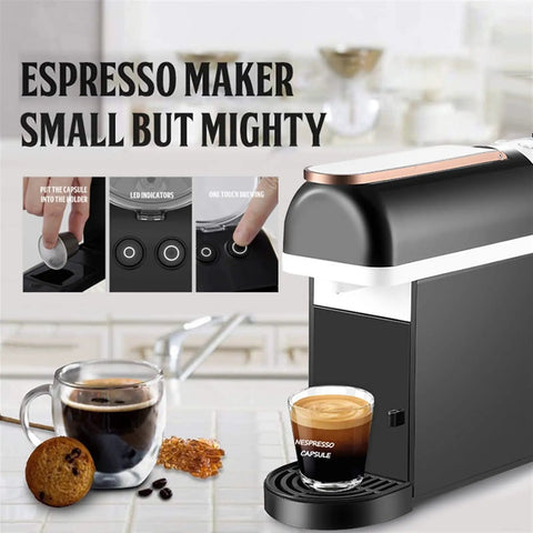 All In One Office Coffee Maker With Permanent Filter And Capsule Compatibility Semi Automatic Espresso Pump Machine For Fresh Brewed Coffee At Home Or In The Office Easy To Clean No Paper Filters Needed, showing side view on countertop with cup of espresso coffee.