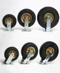 Rugged Heavy Duty Swivel Casters With Solid Rubber Wheels And Greaseless Steel Bearings, showcasing four sizes with steel bases.