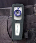 Rechargeable LED UV Curing Light For Small And Medium Areas clipped to belt, handheld UV lamp with magnet and hook