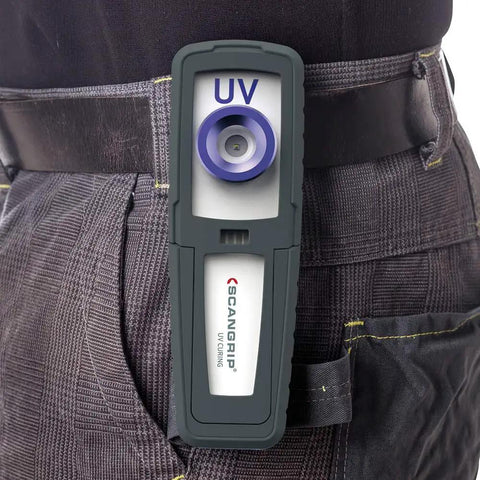 Rechargeable LED UV Curing Light For Small And Medium Areas clipped to belt, handheld UV lamp with magnet and hook