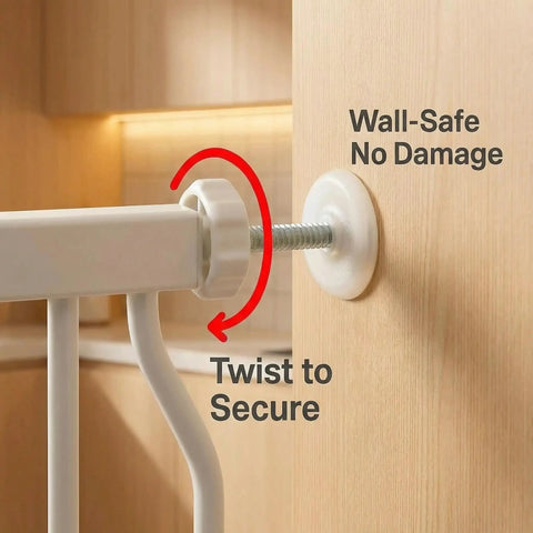 Close-up of white pressure-mounted narrow baby gate for small dogs showing twist-to-secure mechanism on door frame.