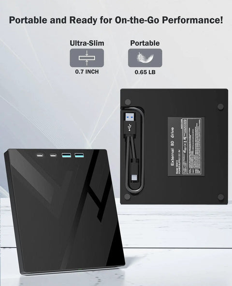 All In One External Blu Ray Drive For Real Fast 100 GB Disc Read And Write Supports Massive 100GB Discs Burn And Backup High Capacity Media Reads Blu Ray Up To 6x DVDs Up To 8x Great For PC Mac And Laptop Use Plug And Play Ready. ultra-slim 0.7-inch black external BD drive, front and back view