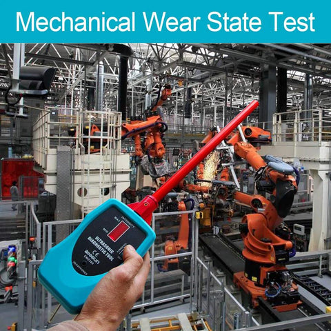 Front view of blue allsun ultrasonic leak detector with red probe held in hand amid robotic arms.