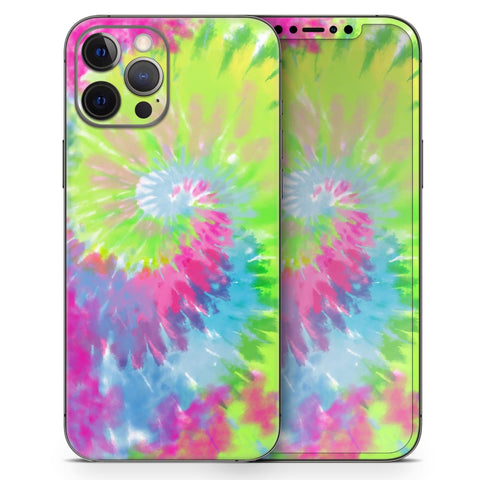 Full Body Skin Decal Wrap Kit for iPhone 11 with Spiral Tie Dye Pattern V7 on display, vibrant colors, snug fit