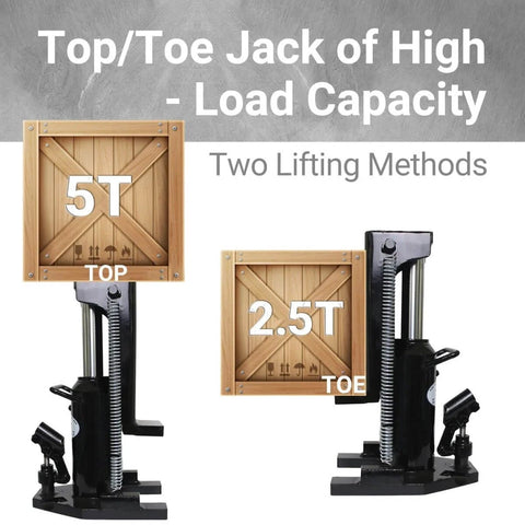 Dual-Function 2.5 Ton Toe Jack and 5 Ton Heavy-Duty Hydraulic Floor Jack With 2-In-1 Lifting for Top and Toe, shown with capacity labels.