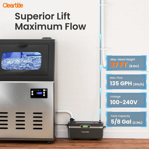Installed view of Cleartide condensate pump beside furnace, 27 ft head, 135 GPH, 100–240V
