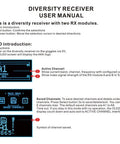 Diversity RX 5.8G 80CH FPV Receiver Module user manual showing OLED display features and channel setup instructions.