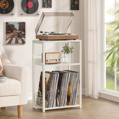 Large White Record Player Stand With 3 Tier 18 Inch Wide End Table For Vinyl Storage Up To 130 Albums Sturdy Industrial Style Turntable Table And Modern Side Table For Living Room Bedroom Or Office, white 3-tier shelf with turntable and vinyl records