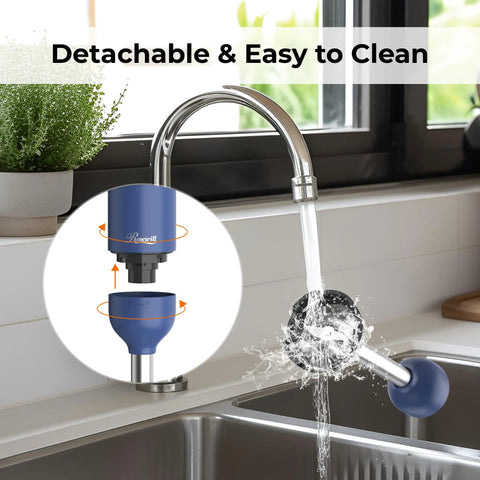 Cordless Rechargeable Immersion Hand Blender 6 In 1 Multi Function Kit With Beaker Whisk Chopper Dual Beater Blue being washed under faucet