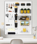 Pegboard Organizer Kit with 30 Pieces including bins, baskets, cups, paper towel holder, wire tray, and 18 straight hooks.