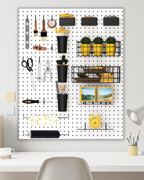 Pegboard Organizer Kit with 30 Pieces including bins, baskets, cups, paper towel holder, wire tray, and 18 straight hooks.