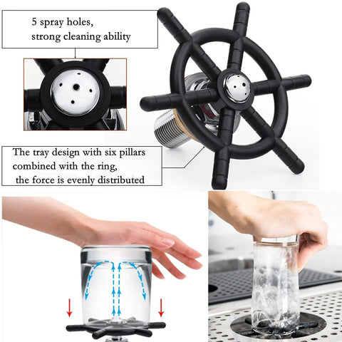 Stainless Steel Glass Rinser For Sink With One Hand Operation Pitcher And Espresso Rinser showing spray holes and use