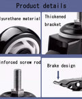 Heavy Duty Polyurethane Caster Wheels With Brake Set Of Four featuring polyurethane material, thickened bracket, reinforced screw rod, and brake design.