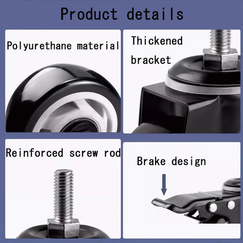 Heavy Duty Polyurethane Caster Wheels With Brake Set Of Four featuring polyurethane material, thickened bracket, reinforced screw rod, and brake design.