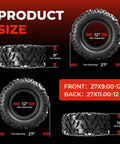 All Terrain Mud Tires Set Of 4 For ATV UTV Front 27x9-12 And Rear 27x11-12 6 Ply Tubeless With Non Directional Tread Great For Mud Dirt Sand And Trails High Traction And Durable For Heavy Off Road Use dimensions shown