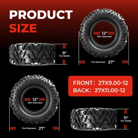 All Terrain Mud Tires Set Of 4 For ATV UTV Front 27x9-12 And Rear 27x11-12 6 Ply Tubeless With Non Directional Tread Great For Mud Dirt Sand And Trails High Traction And Durable For Heavy Off Road Use dimensions shown