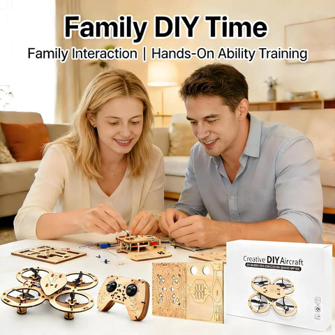 Two people assembling DIY Wooden RC Drone Kit Snap Together Flying Quadcopter For Beginners No Glue Required Build Your Own Remote Control Aircraft And Learn Flight Basics With Wooden Building Blocks, package visible.