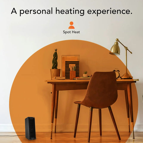 Rise 12H Personal Desk Heater For Small Rooms And Office placed near a desk with an orange spot heat icon on the wall.