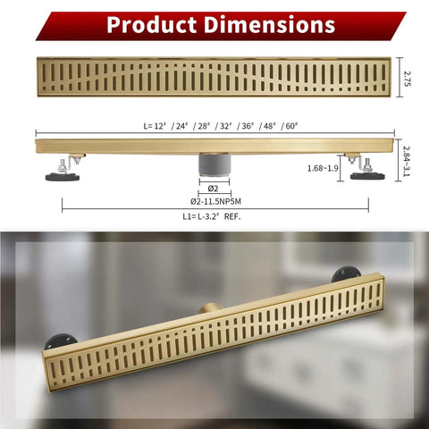 36 Inch Linear Shower Drain Gold Rectangular Floor Drain With V Shape Channel For Fast Drainage 304 Stainless Steel cUPC Certified
