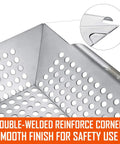 Close-up of 3 Pack Heavy Duty Stainless Steel Grill Baskets for Outdoor Grillin, showing reinforced corner and smooth finish detail.