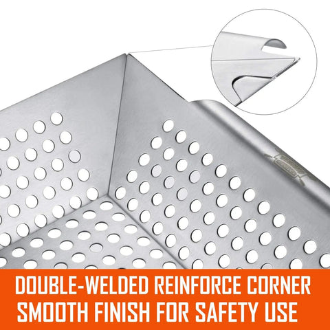 Close-up of 3 Pack Heavy Duty Stainless Steel Grill Baskets for Outdoor Grillin, showing reinforced corner and smooth finish detail.