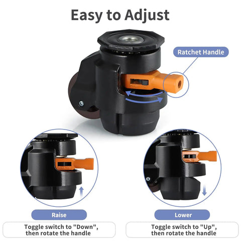 MOLIGOU Heavy Duty Leveling Stem Casters Four Pack Retractable With Ratchet Handle For Workbenches 2200 Lbs Total Load Capacity 550 Lbs Per Caster Solid Steel Construction Nylon Wheels Anti Vibration Foot Pads