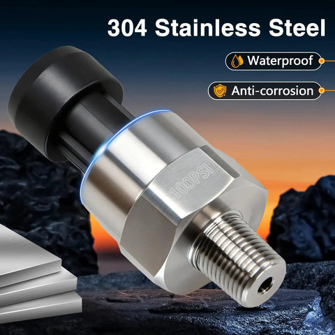 Beefy 100 Psi Stainless Steel Pressure Transducer Sensor With Connector Harness For Oil Fuel Water And Air, side view
