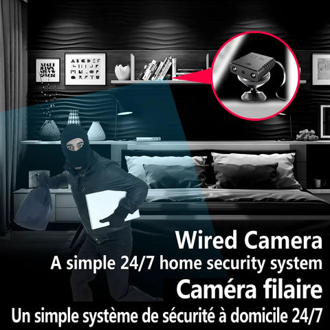 Illustration of Ultra Mini WiFi Spy Camera Hidden Nanny Cam With Motion Detection And Night Vision Full HD Video For Home Security Portable Tiny Surveillance Camera System showing its placement and function in a living room scene.