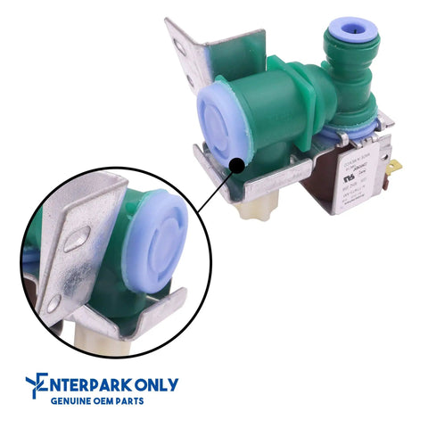 Refrigerator Water Inlet Valve Replacement For Whirlpool W10238100 W10498990, OEM Robertshaw Part shown with metal bracket.