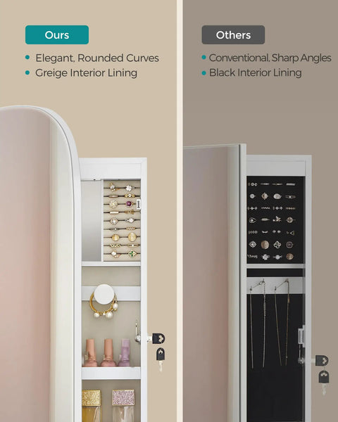 Comparison of LED Jewelry Cabinet Organizer With Lockable Door and Wall Mount Rounded Wide Mirror Hidden Jewelry Storage showing greige lining versus black.