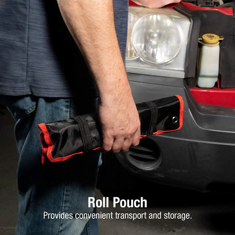 Person holding roll pouch containing 11 Inch Hose Gripper Pliers Set, 3 Piece, for auto project convenience.