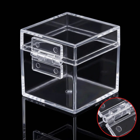 8 Pack Clear Acrylic Self Adhesive Hinges 45x35mm for Aquarium Lids Display Cases DIY Boxes shown on a clear box
