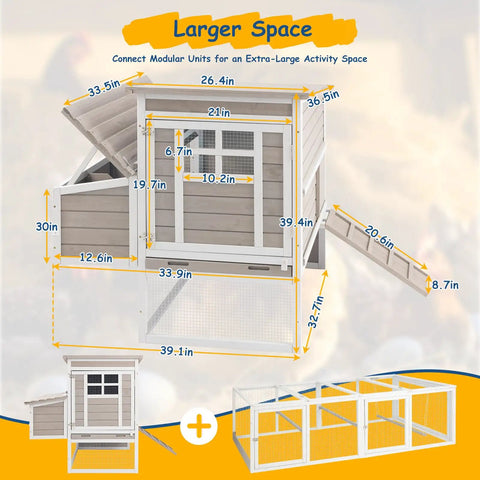 Outdoor Wooden Chicken Coop For Four To Six Chickens With An Elevated Two Tier Hen House Three Compartment Nesting Box Slide Out Tray And Reinforced L Shaped Frame For A Killer Backyard Poultry Setup with dimensions.