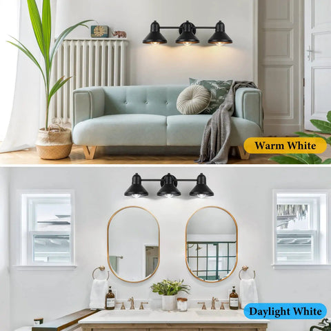 Lit 3 Light Vanity Bath Fixture Over Mirror In Matte Black shown in living room and bathroom for versatile lighting options