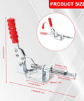 4 Pack 302F Push Pull Toggle Clamps 300 Lb Holding Capacity Heavy Duty Galvanized Steel compact design with red handle and dimensions.