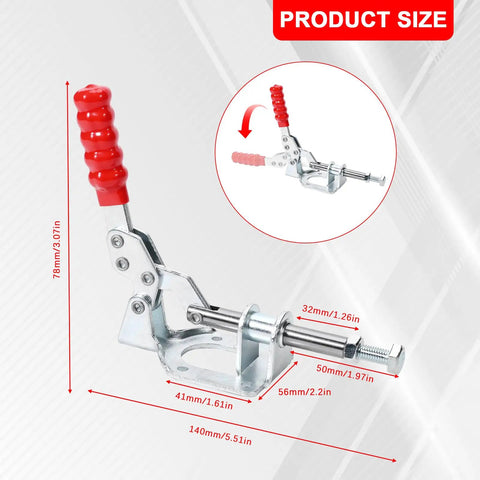 4 Pack 302F Push Pull Toggle Clamps 300 Lb Holding Capacity Heavy Duty Galvanized Steel compact design with red handle and dimensions.