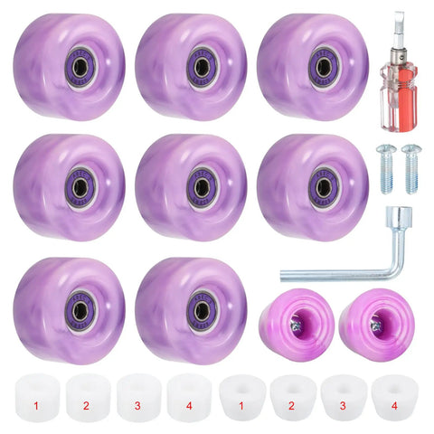 Eight Pack Roller Skate Wheels 82A Wear Resistant PU Replacement For Quad Skates And Skateboards, purple and white with tools included