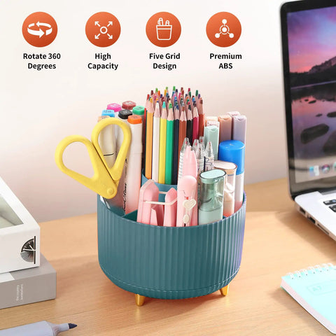 Five Slot Rotating Desk Pen And Pencil Holder with 360 Degree Spin in dark green holding pens, pencils, and scissors on desk