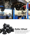 Roller pulley wheels 10-pack, nylon-coated deep-U black pulleys with 608ZZ bearings; automotive repair shop.