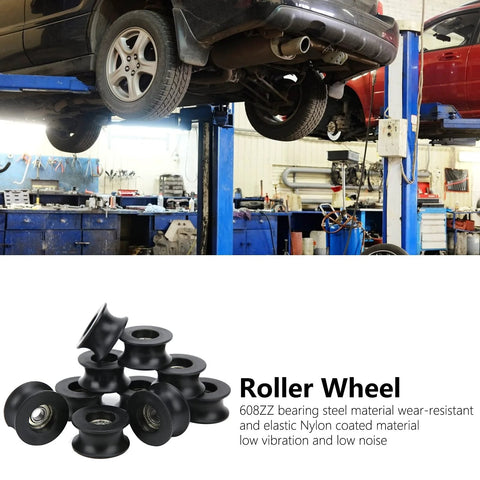 Roller pulley wheels 10-pack, nylon-coated deep-U black pulleys with 608ZZ bearings; automotive repair shop.