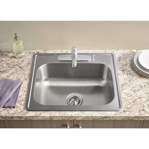 Colony Pro Single Handle Kitchen Faucet With Deck Plate In Polished Chrome, Drip Free Ceramic Disc Valve, top view over sink