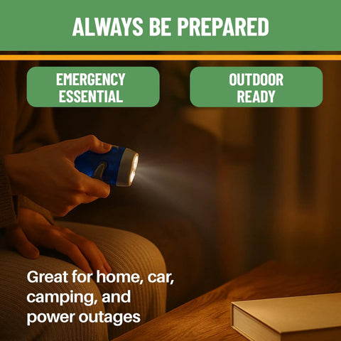 Hand Crank Emergency Flashlight Pack 12 Units rechargeable crank light in use for camping, car, hiking, with dual LED beams
