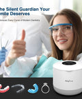 Ultrasonic Cleaner For Dentures Braces Mouth Guards And Jewelry With 45kHz Triple Phase Purification Four Modes To Slam Coffee Stains And Grime Sonic UV Boost For Fresh Clean Appliances white countertop unit with dentures, braces, mouth guard, and ring