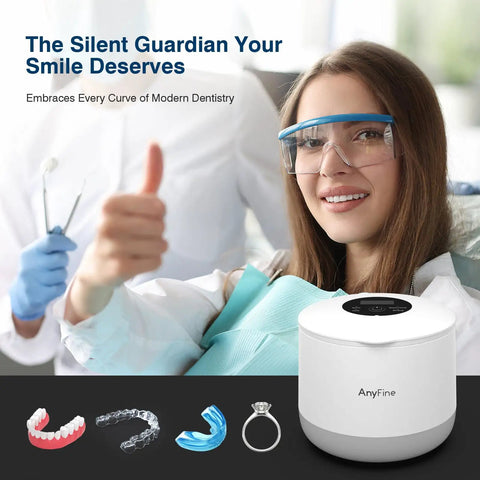Ultrasonic Cleaner For Dentures Braces Mouth Guards And Jewelry With 45kHz Triple Phase Purification Four Modes To Slam Coffee Stains And Grime Sonic UV Boost For Fresh Clean Appliances white countertop unit with dentures, braces, mouth guard, and ring