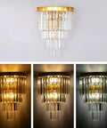Gold Crystal Wall Sconce Lighting Fixture With Four Tier K9 Crystals displaying variations of warm light in three settings.