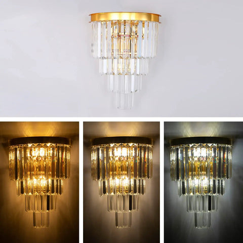 Gold Crystal Wall Sconce Lighting Fixture With Four Tier K9 Crystals displaying variations of warm light in three settings.